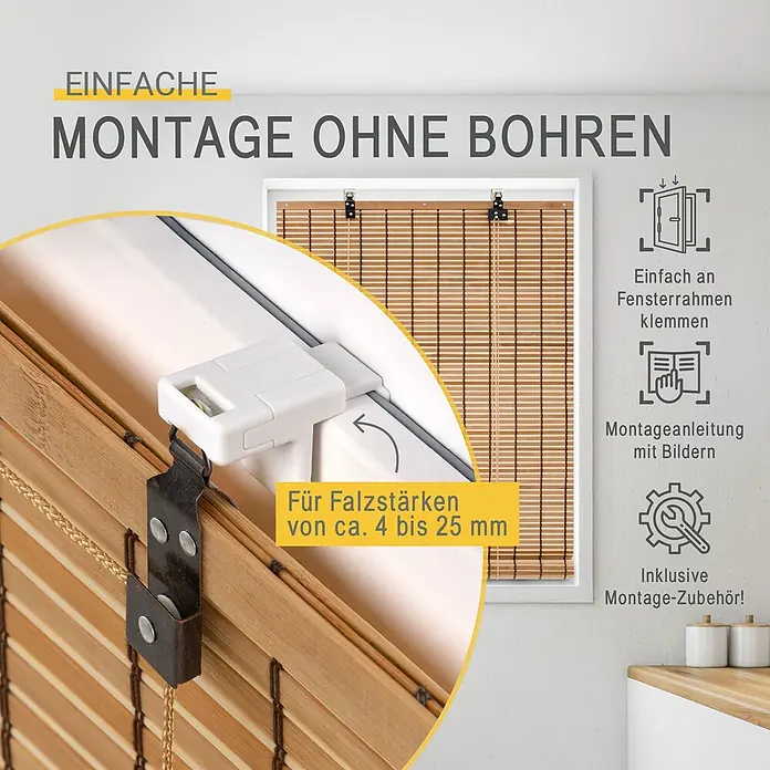 Sol Royal Rollo - B x H: 60 x 160 cm, Teak, Uni - Natürlicher Bambusrollo mit bohrfreier Klemmmontage am Fensterrahmen, passend für Falzstärken von ca. 4 bis 25 mm.