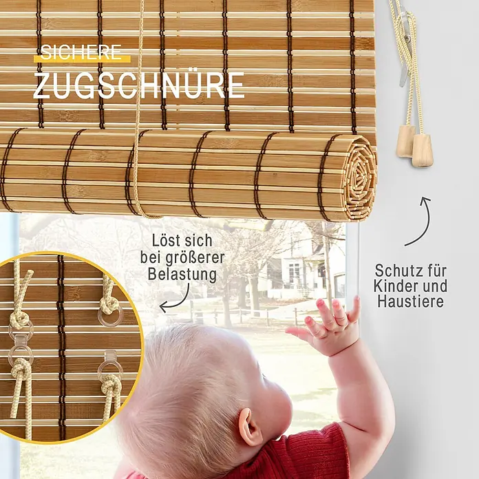 Sol Royal Rollo - B x H: 60 x 160 cm, Teak, Uni - Natürliches Bambus-Rollo mit Sicherheitszugschnüren, die sich bei Belastung lösen, zum Schutz von Kindern und Haustieren. Ein Baby greift zum Fenster.