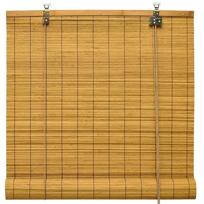 Sol Royal Rollo - B x H: 110 x 160 cm, Bambus, Uni - Natürliche Bambus-Rolljalousie, teilweise aufgerollt, mit sichtbaren Schnüren und silberner Montagevorrichtung oben.