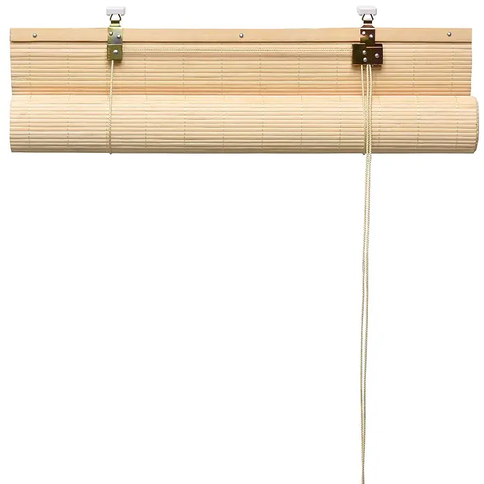 Sol Royal Rollo - B x H: 140 x 160 cm, Natur, Uni - Helles, naturfarbenes Bambus-Rollo mit Zugschnüren und Metallbefestigungen, teilweise aufgerollt.