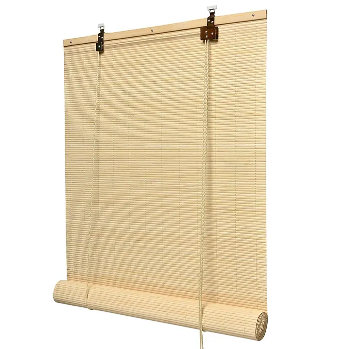 Sol Royal Rollo - B x H: 140 x 160 cm, Natur, Uni - Heller Bambus-Rolljalousie, teilweise aufgerollt, mit sichtbarer natürlicher Holzstruktur und Mechanismus.