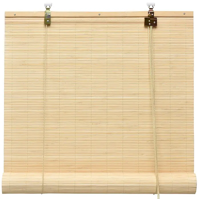 Sol Royal Rollo - B x H: 140 x 160 cm, Natur, Uni - Helles, natürliches Bambus-Rollrollo mit sichtbaren Zugschnüren und Montagezubehör, teilweise aufgerollt.