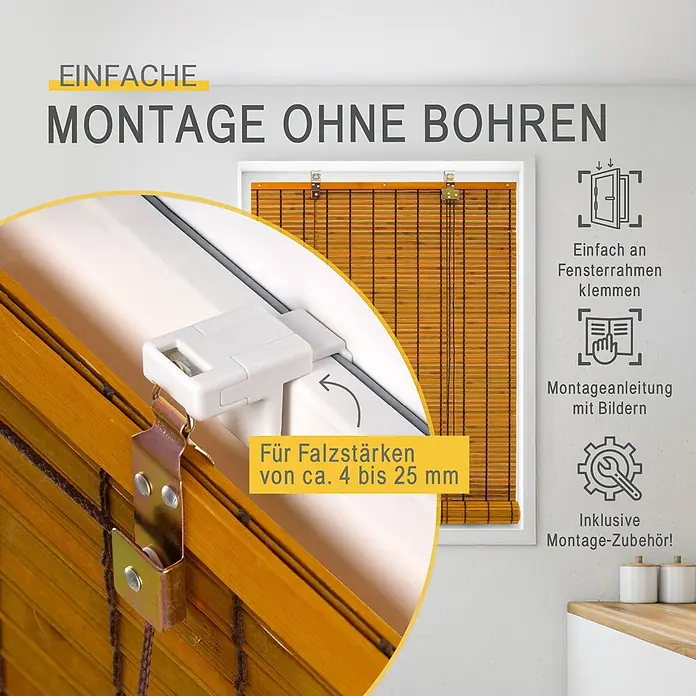 Sol Royal Rollo - B x H: 130 x 160 cm, Bambus, Uni - Braunes Bambus-Rollo an einem Fenster, mit weißer Klemmhalterung für bohrfreie Montage an Rahmen von ca. 4 bis 25 mm.