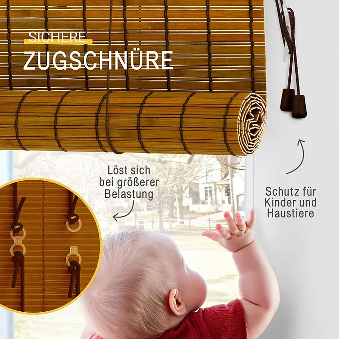 Sol Royal Rollo - B x H: 130 x 160 cm, Bambus, Uni - Braunes Bambusrollo mit sich lösenden Zugschnüren bei Belastung, zum Schutz von Kindern und Haustieren.