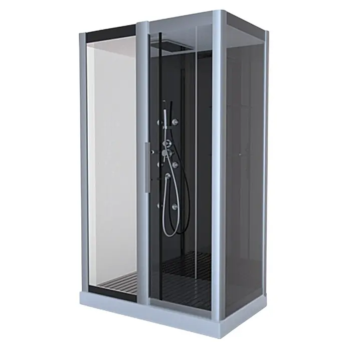 Aurlane Cabina de ducha completa Atrium 2 - 85 x 115 x 215 cm, Negro Gris Plata - Cabina de ducha con puerta corredera de vidrio y columna de ducha integrada con ducha de mano y ducha de lluvia para una experiencia relajante.