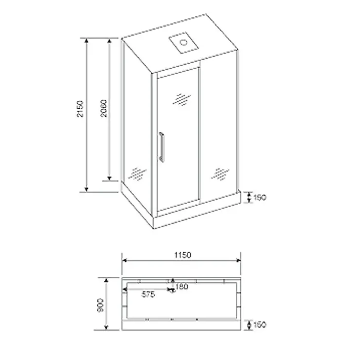 Aurlane Cabina de ducha completa Atrium 2 - 85 x 115 x 215 cm, Negro Gris Plata - Dibujo técnico de una cabina de ducha con dimensiones, con una altura de 2150 mm y una anchura de 1150 mm.