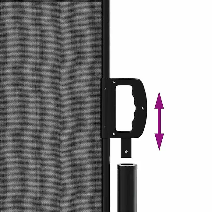 vidaXL einziehbare Seitenmarkise Anthrazit 500 x 120 cm Polyester -  - Nahaufnahme einer dunkelgrauen ausziehbaren Barriere mit schwarzem Griffteil, das mit einer schwarzen Aufnahme ausgerichtet ist, was eine vertikale Verbindung anzeigt.