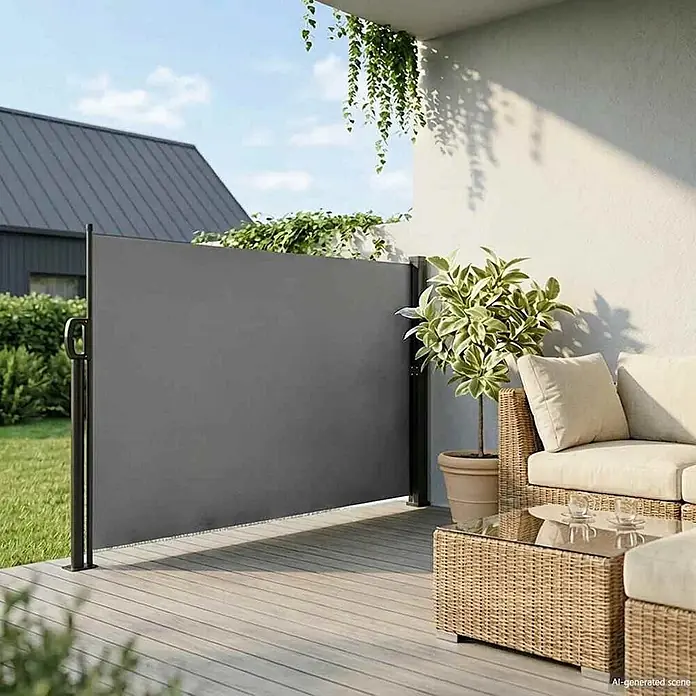 vidaXL ausziehbare Seitenmarkise Anthrazit 500 x 180 cm Polyester -  - Graue ausziehbare Seitenmarkise bietet Privatsphäre auf einer modernen Holzterrasse neben Gartenmöbeln.
