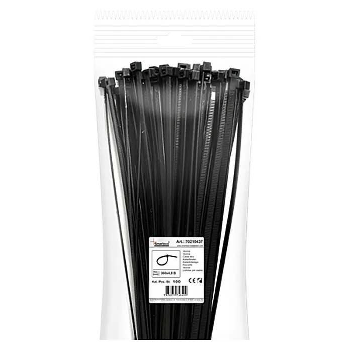 Profi Depot Bridas para cables - An x L: 48 x 360 mm, Negro - Un paquete de bridas de cable negras en una bolsa de plástico transparente. Ideal para agrupar y asegurar cables.