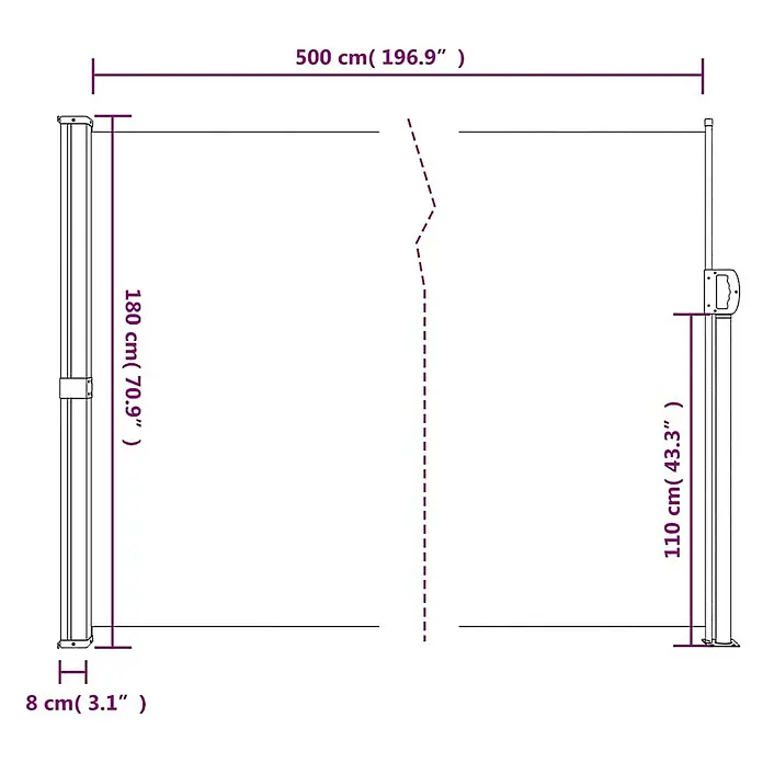vidaXL ausziehbare Seitenmarkise Anthrazit 500 x 180 cm Polyester -  - Maßzeichnung für eine ausziehbare Seitenmarkise, mit Höhen von 180 cm und 110 cm, einer Gesamtlänge von 500 cm und einer Basisbreite von 8 cm.