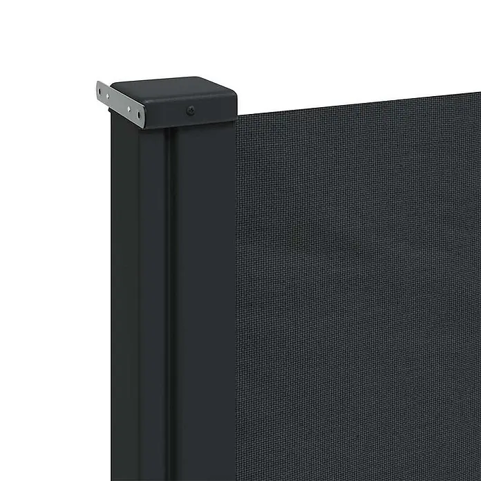 vidaXL Seitenmarkise Ausziehbar Schwarz 160x600 cm -  - Nahaufnahme eines dunkelgrauen, ausziehbaren Sichtschutzes mit schwarzem Pfosten und silberner Halterung.