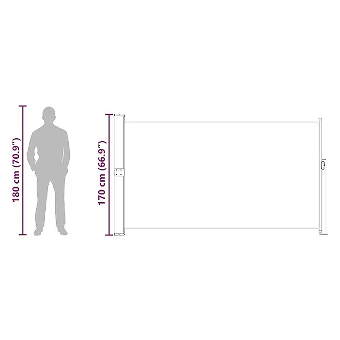VidaXL Klemmmarkise - Breite: 3 m - Ausziehbare Seitenmarkise, 170 cm hoch, mit einer 180 cm großen Person zum Größenvergleich.