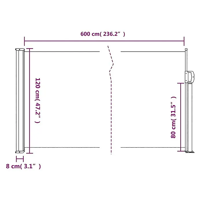 VidaXL Klemmmarkise - Anthrazit, Breite: 6 m, Ausfall: 6 m - Ausziehbare Seitenmarkise mit Maßen: 600 cm Länge, 120 cm Höhe auf einer Seite und 80 cm Höhe auf der anderen, mit 8 cm Basis.