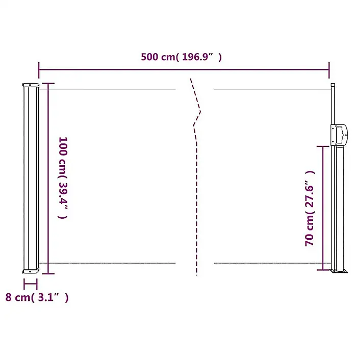 vidaXL einziehbare Seitenmarkise Anthrazit 500 x 100 cm Polyester -  - Maßdiagramm für eine ausziehbare Seitenmarkise, zeigt Länge 500 cm, Pfostenhöhe 100 cm und Auszugshöhe 70 cm.