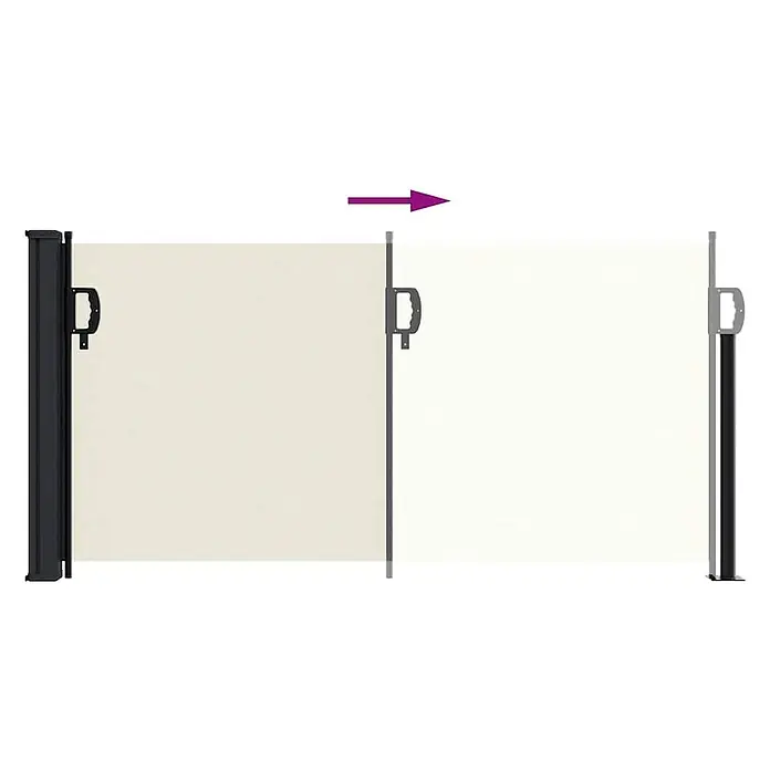 vidaXL Seitenmarkise Ausziehbar Creme 100x300 cm -  - Beigefarbene ausziehbare Seitenmarkise mit schwarzen Pfosten, teilweise und vollständig ausgefahren dargestellt.