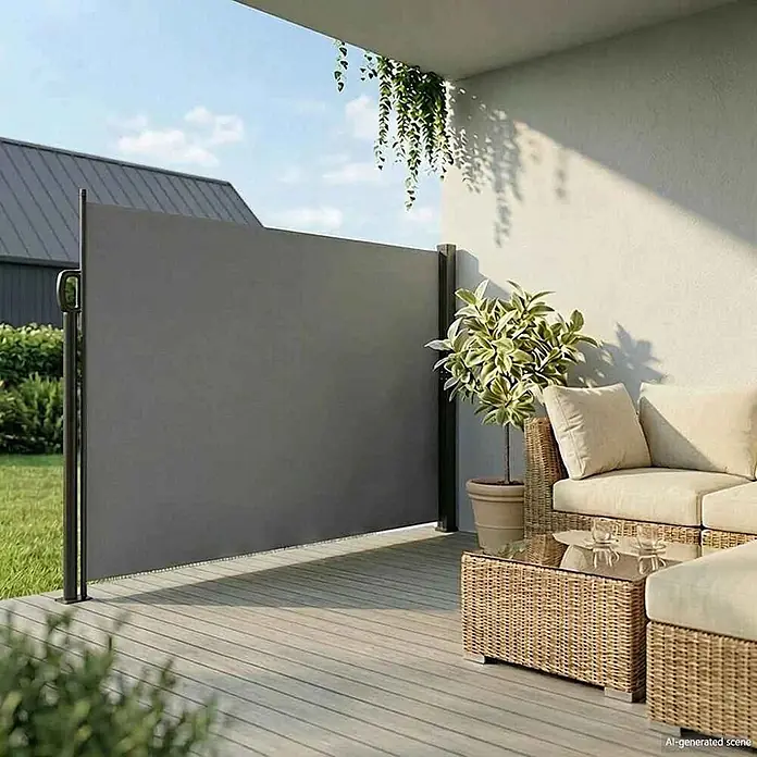 vidaXL ausziehbare Seitenmarkise Anthrazit 600 x 220 cm Polyester -  - Grauer ausziehbarer Sichtschutz auf einer Terrasse, bietet Schatten und Privatsphäre für Sitzgelegenheiten im Freien.