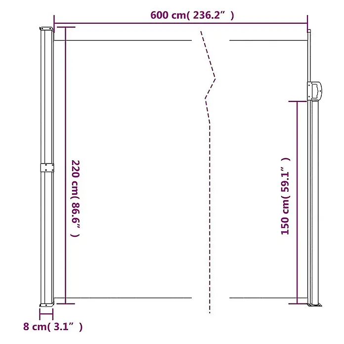 vidaXL ausziehbare Seitenmarkise Anthrazit 600 x 220 cm Polyester -  - Technisches Zeichnung einer ausziehbaren Seitenmarkise, 600 cm breit, mit 220 cm hohem linken Pfosten und 150 cm hohem rechten Pfosten.