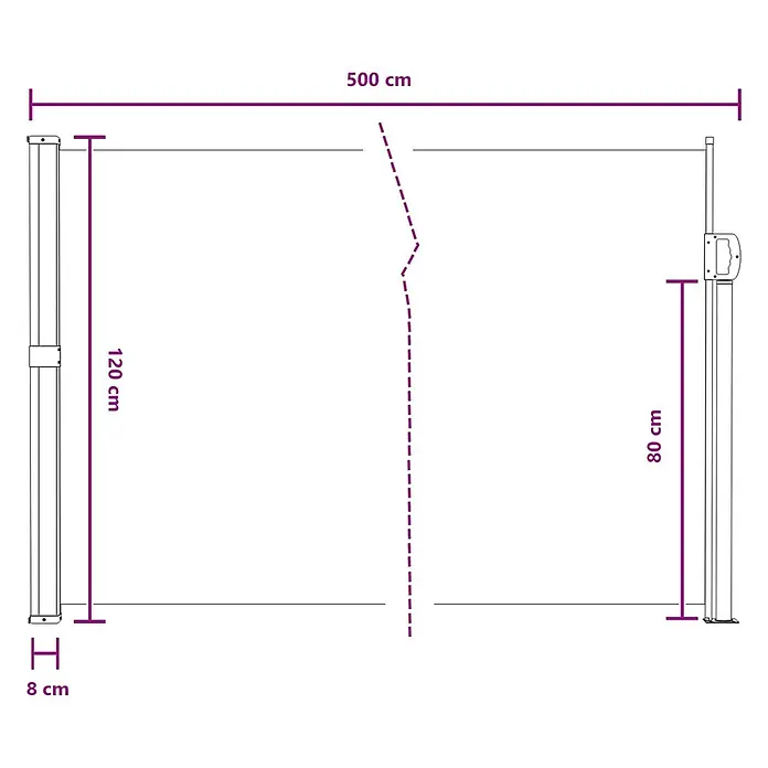 vidaXL Ausziehbare Markise Grau 120 x 500 cm Polyester -  - Ausziehbare Seitenmarkise: 500 cm Länge, 120 cm Hauptpfosten, 80 cm Empfangspfosten, 8 cm Basisbreite.