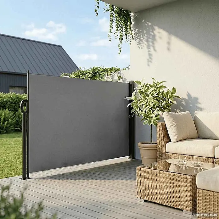 vidaXL einziehbare Seitenmarkise Anthrazit 300 x 160 cm Polyester -  - Grauer ausziehbarer Sichtschutz auf einer Terrasse, bietet Privatsphäre für den Außenbereich.