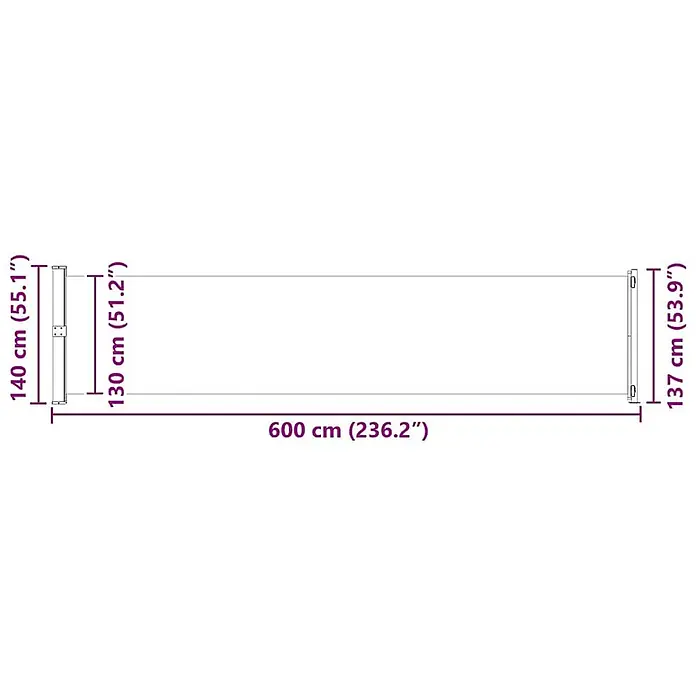 VidaXL Klemmmarkise - Grau, Breite: 6 m, Ausfall: 6 m - Langer rechteckiger Rahmen mit einer Gesamtlänge von 600 cm und Höhen von 140 cm, 130 cm und 137 cm.