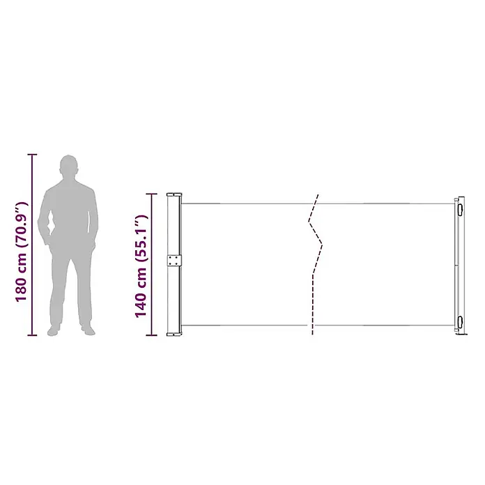 VidaXL Klemmmarkise - Grau, Breite: 6 m, Ausfall: 6 m - Ausziehbare Seitenmarkise mit Pfosten, 140 cm hoch, neben einer 180 cm großen Person zur Skalierung.