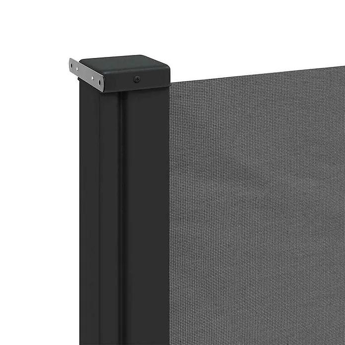 VidaXL Klemmmarkise - Anthrazit, Breite: 3 m, Ausfall: 3 m - Dunkelgrauer Netz-Sichtschutz, befestigt an schwarzem Metallpfosten mit silberner Halterung.