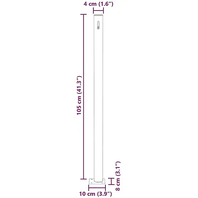 VidaXL Klemmmarkise - Breite: 3 m - Bemaßte Strichzeichnung eines 105 cm (41,3") hohen und 4 cm (1,6") breiten Pfostens mit einem 8 cm (3,1") hohen und 10 cm (3,9") breiten Sockel.