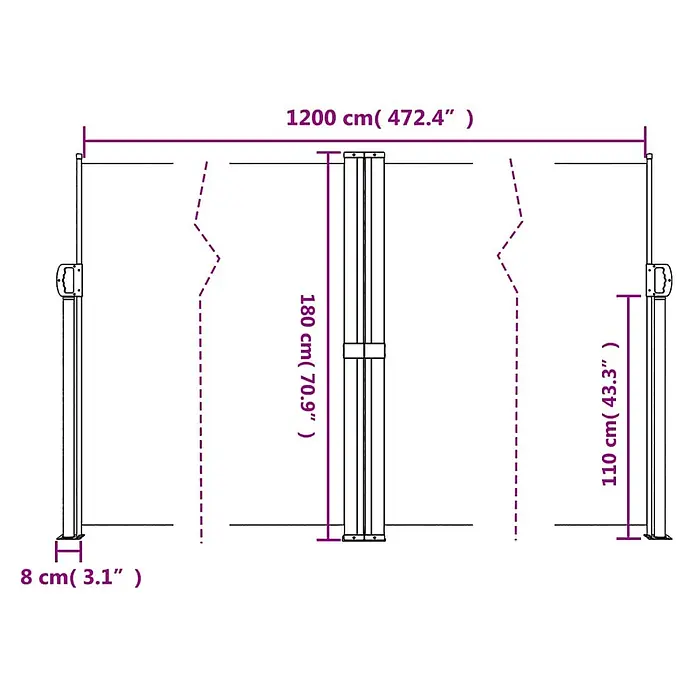 vidaXL Seitenmarkise Ausziehbar Anthrazit 180x1200 cm -  - Maßzeichnung einer ausziehbaren Seitenmarkise mit 180 cm Höhe und 1200 cm Länge.
