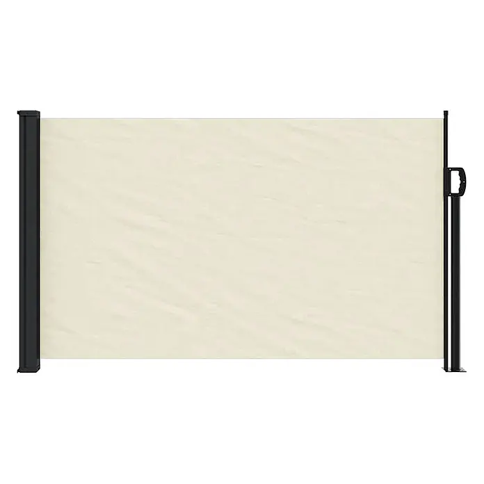 vidaXL Seitenmarkise Ausziehbar Creme 120x500 cm -  - Vollständig ausgefahrene beige Seitenmarkise mit schwarzen Metallpfosten, die Sichtschutz bietet.