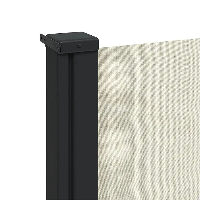 vidaXL Seitenmarkise Ausziehbar Creme 120x500 cm -  - Schwarzer Metallpfosten hält hellbeiges Netzgewebe, Teil eines ausziehbaren Sichtschutzes.
