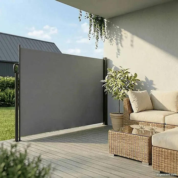 vidaXL einziehbare Seitenmarkise Anthrazit 300 x 220 cm Polyester -  - Graue ausziehbare Seitenmarkise auf einer Terrasse, spendet Privatsphäre für den Outdoor-Loungebereich. Dunkle Pfosten halten den Stoff.