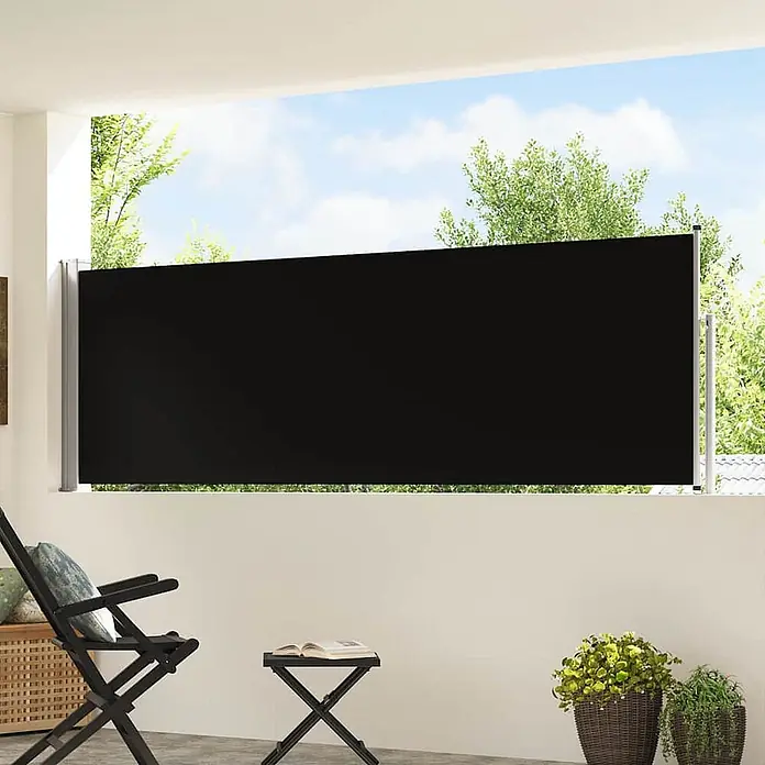 vidaXL Seitenmarkise Schwarz 500 x 500 x 100 cm Stoff -  - Schwarze ausziehbare Seitenmarkise, auf einem Balkon zwischen zwei silbernen Pfosten ausgefahren, bietet Sichtschutz.