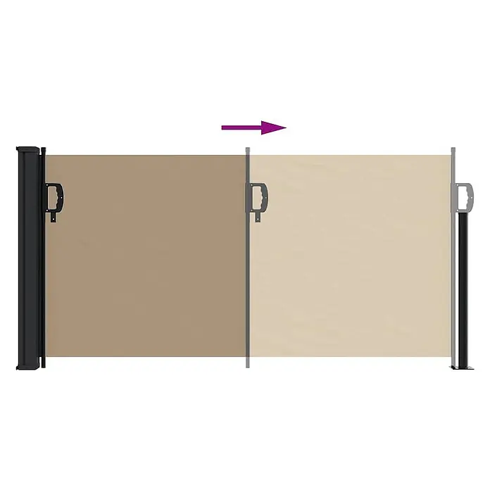 VidaXL Klemmmarkise - Taupe, Breite: 5 m, Ausfall: 5 m - Beige ausziehbare Seitenmarkise mit schwarzen Pfosten und grauen Griffen, die sich zum Sichtschutz nach rechts auszieht.