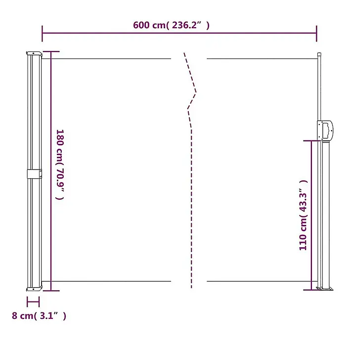 VidaXL Klemmmarkise - Schwarz, Breite: 6 m, Ausfall: 6 m - Technische Zeichnung einer ausziehbaren Seitenmarkise mit Maßen: Länge 600 cm, Höhen 180 cm und 110 cm.
