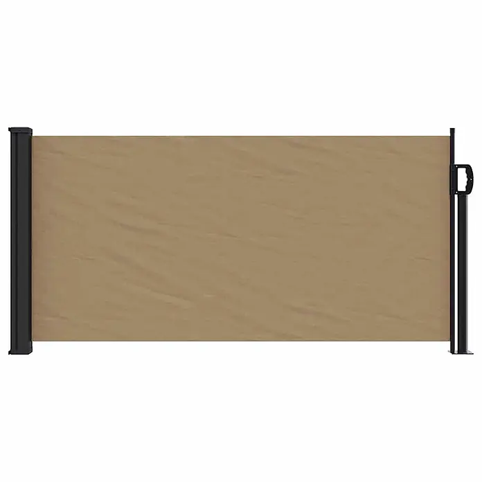 VidaXL Klemmmarkise - Taupe, Breite: 5 m, Ausfall: 5 m - Beigefarbene ausziehbare Seitenmarkise mit schwarzen Metallpfosten, ausgefahren.