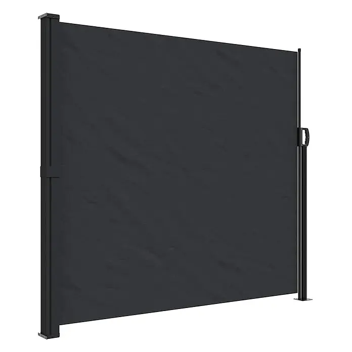 VidaXL Klemmmarkise - Schwarz, Breite: 6 m, Ausfall: 6 m - Dunkelgraue ausziehbare Stoff-Seitenmarkise mit schwarzen Pfosten, ausgezogen für Sicht- oder Windschutz.