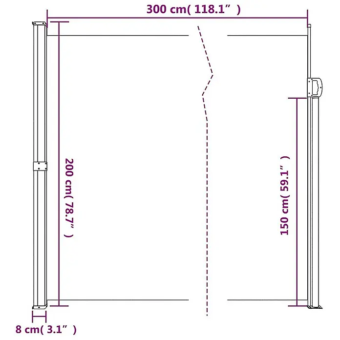 vidaXL einziehbare Seitenmarkise Anthrazit 300 x 200 cm Polyester -  - Technische Zeichnung einer ausziehbaren Seitenmarkise. Maße sind angegeben: 300 cm Breite, 200 cm/150 cm Höhe, 8 cm Basis.