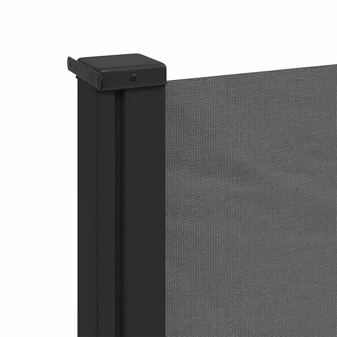 vidaXL einziehbare Seitenmarkise Anthrazit 300 x 117 cm Polyester -  - Dunkelgrauer Sichtschutz aus Netzgewebe, befestigt an einem schwarzen Metallpfosten.