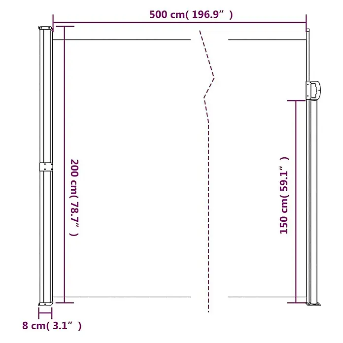 VidaXL Klemmmarkise - Crème, Breite: 5 m, Ausfall: 5 m - Maßzeichnung einer ausziehbaren Seitenmarkise: 500 cm Länge, 200 cm Pfostenhöhe und 150 cm Markisenhöhe.