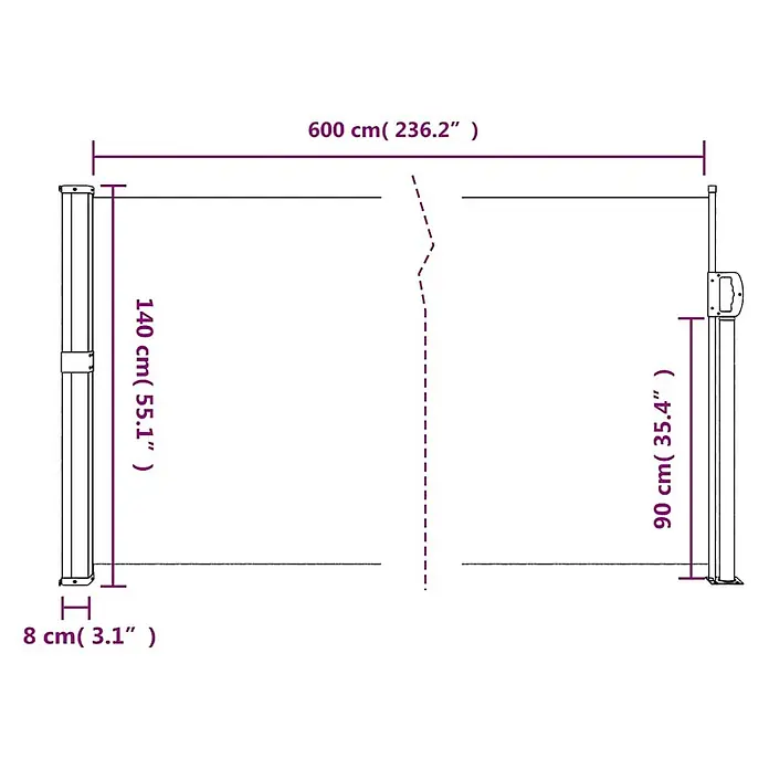 VidaXL Klemmmarkise - Anthracite, Breite: 6 m - Ausziehbare Seitenmarkise mit Maßen: 600 cm (Breite), 140 cm (hoher Pfosten), 90 cm (kurzer Pfosten), 8 cm (Basis).