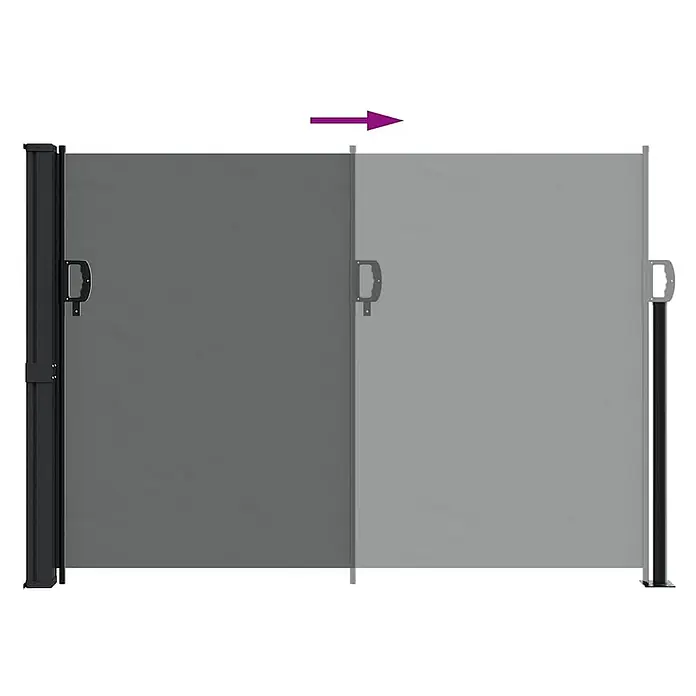 VidaXL Klemmmarkise - Anthracite, Breite: 6 m - Dunkelgraue, ausziehbare Seitenmarkise, aus- und eingefahren dargestellt, mit Pfeil für Auszug.