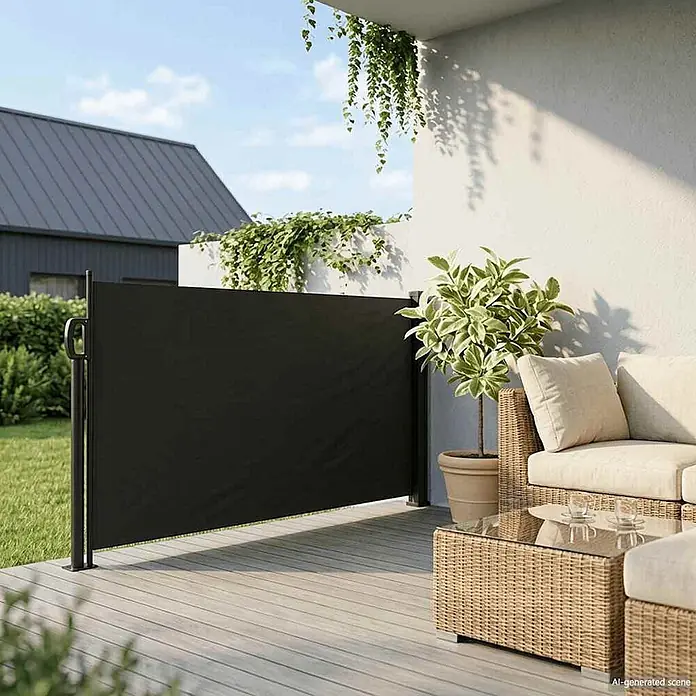 VidaXL Klemmmarkise - Schwarz, Breite: 3 m, Ausfall: 3 m - Schwarze ausziehbare Seitenmarkise auf einer Terrasse, spendet Privatsphäre und Schatten.