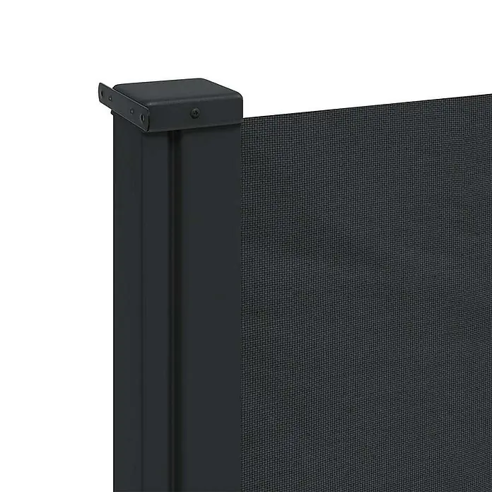 VidaXL Klemmmarkise - Schwarz, Breite: 5 m, Ausfall: 5 m - Nahaufnahme einer dunkelgrauen ausziehbaren Seitenmarkise mit Metallpfosten und Netzgewebe.
