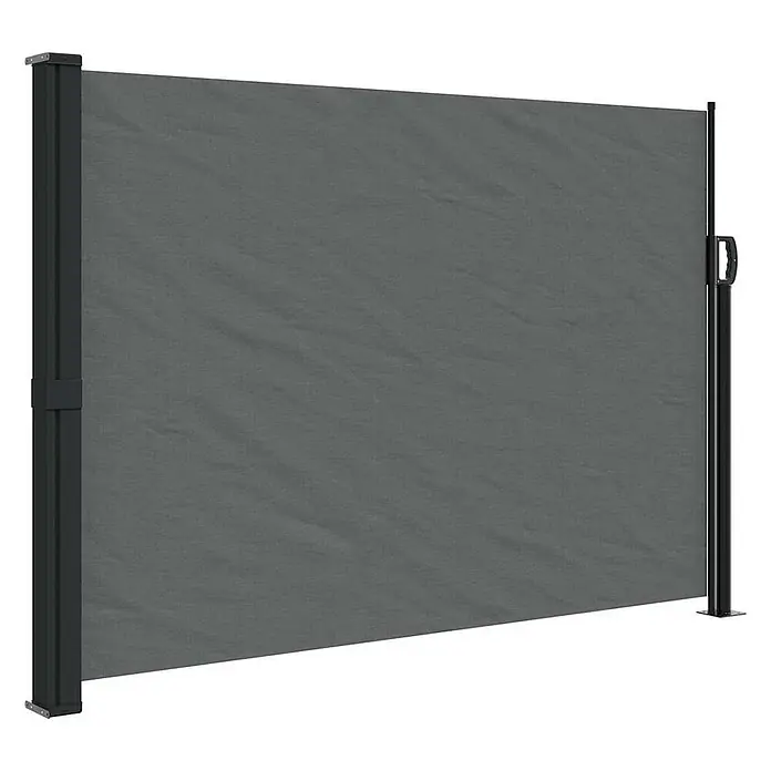 VidaXL Klemmmarkise - Anthrazit, Breite: 3 m, Ausfall: 3 m - Dunkelgraue ausziehbare Seitenmarkise mit schwarzen Metallpfosten, ausgefahren als Sicht- oder Sonnenschutz.