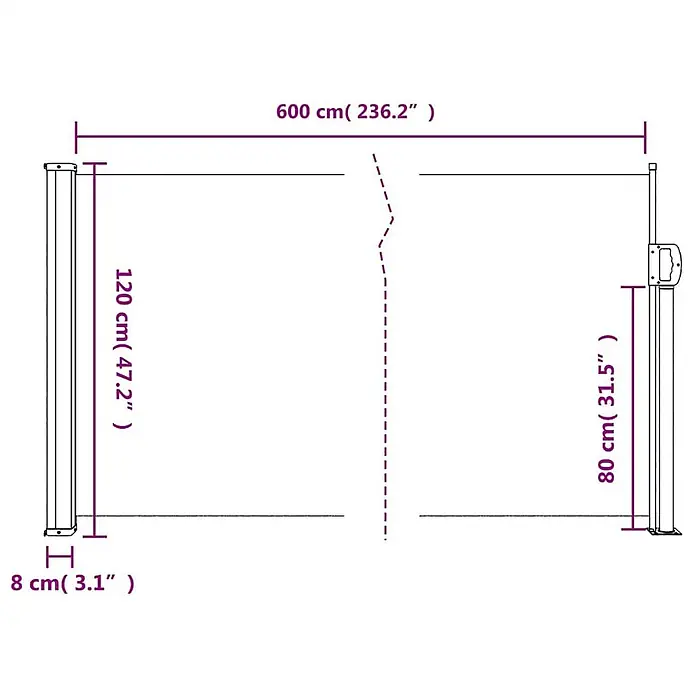 VidaXL Klemmmarkise - Breite: 6 m - Technisches Diagramm einer ausziehbaren Seitenmarkise mit Maßen: 600 cm Länge, 120 cm und 80 cm Höhen.
