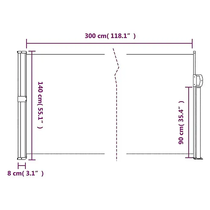 VidaXL Klemmmarkise - Anthrazit, Breite: 3 m, Ausfall: 3 m - Maße einer ausziehbaren Seitenmarkise: 300 cm breit, 140 cm (links) und 90 cm (rechts) Schirmhöhe. Basisbreite 8 cm.