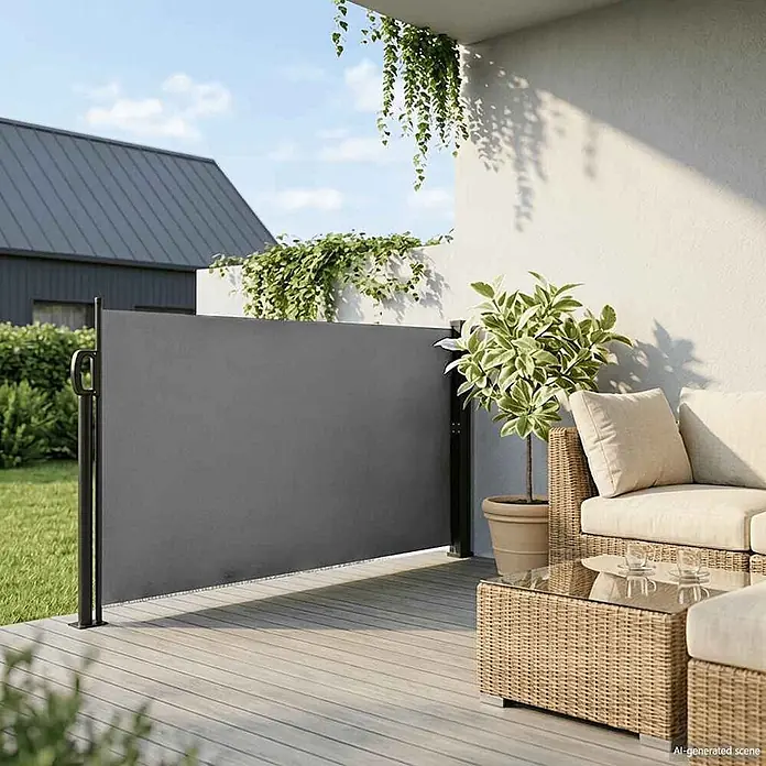 VidaXL Klemmmarkise - Anthrazit, Breite: 3 m, Ausfall: 3 m - Graues ausziehbares Seitenrollo auf einer modernen Terrasse, das Sichtschutz für Sitzgelegenheiten bietet.