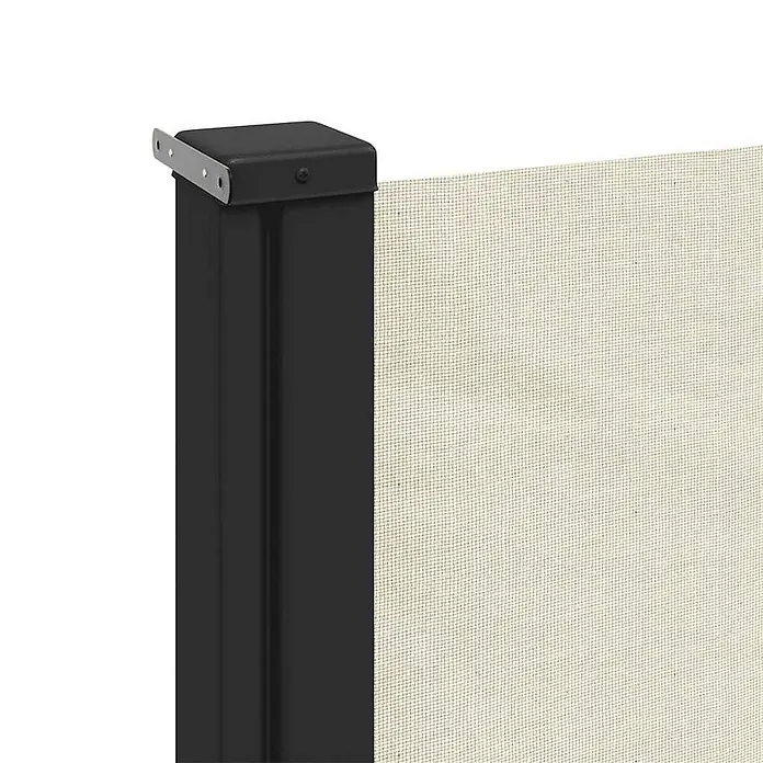 vidaXL Seitenmarkise Ausziehbar Creme 160x300 cm -  - Nahaufnahme eines schwarzen Metallpfostens mit beigem Netzstoff für eine ausziehbare Seitenmarkise, mit Metallhalterung.