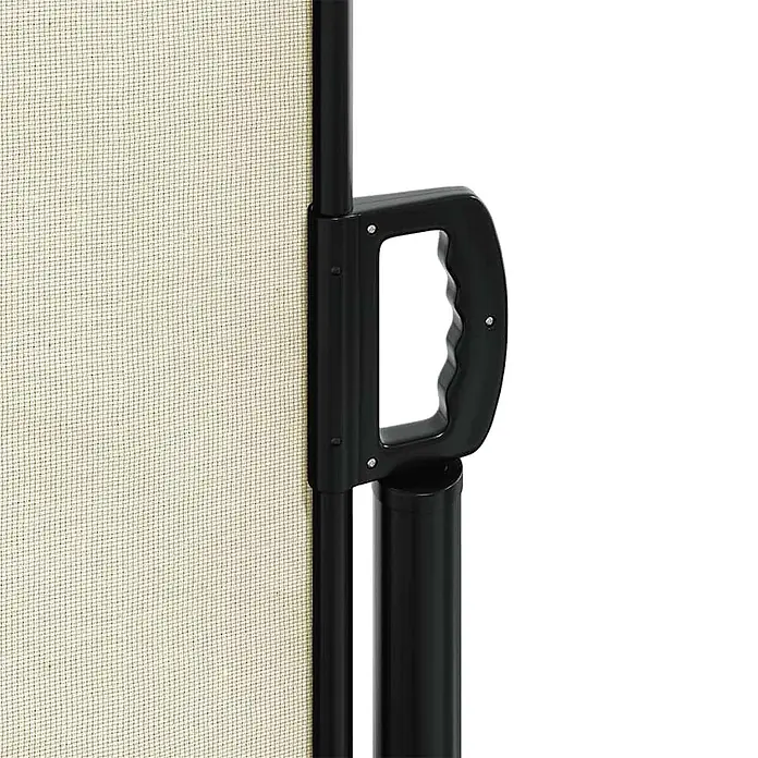 vidaXL Seitenmarkise Ausziehbar Creme 160x300 cm -  - Nahaufnahme eines beigen, ausziehbaren Netzvorhangs mit schwarzer vertikaler Stange und ergonomischem D-förmigem Griff.