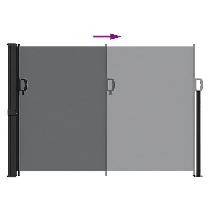 vidaXL Seitenmarkise Ausziehbar Schwarz 140x300 cm -  - Graue ausziehbare Seitenmarkise mit Griffen, ausgezogen mit dunklen und hellen Paneelen zur Veranschaulichung der Sichtschutzfunktion.